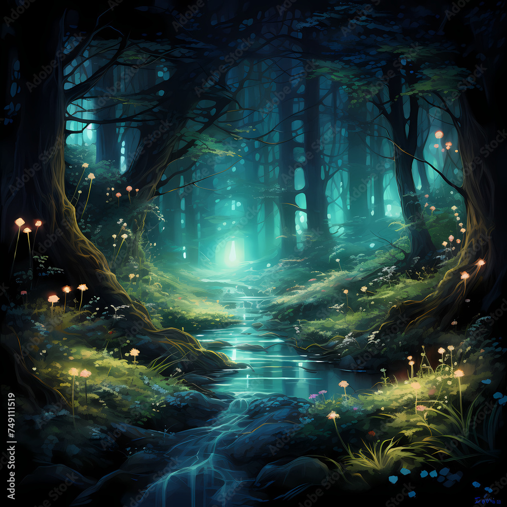 Enchanting forest with bioluminescent plants. 