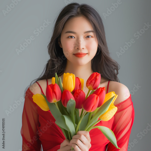 A beautiful Asian woman holding red and yellow tulips, Illustration.