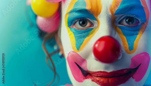 a Halloween costume birthday party clown show comedy joker make-up mask festive festival makeup strange cosmetics circus face carnival cirque entertainment eyes crazy cosplay performing fantasy fun photo