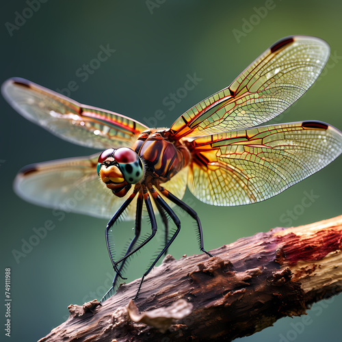 Macro shot of a dragonfly resting on a branch. © Cao