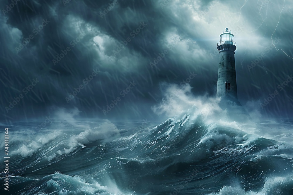 A tempest at sea waves crashing wildly against a lighthouse embodying relentless anger