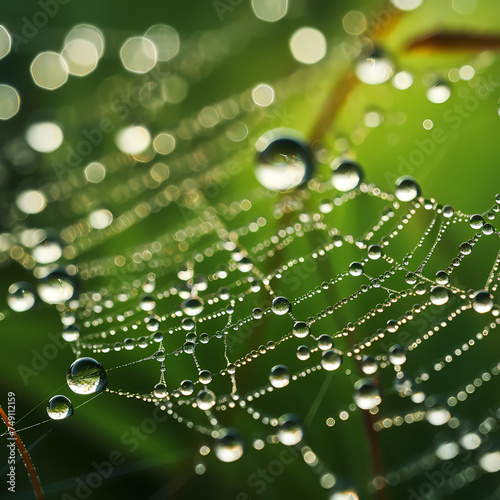 Macro shot of dewdrops on a spider s web in the early morning.