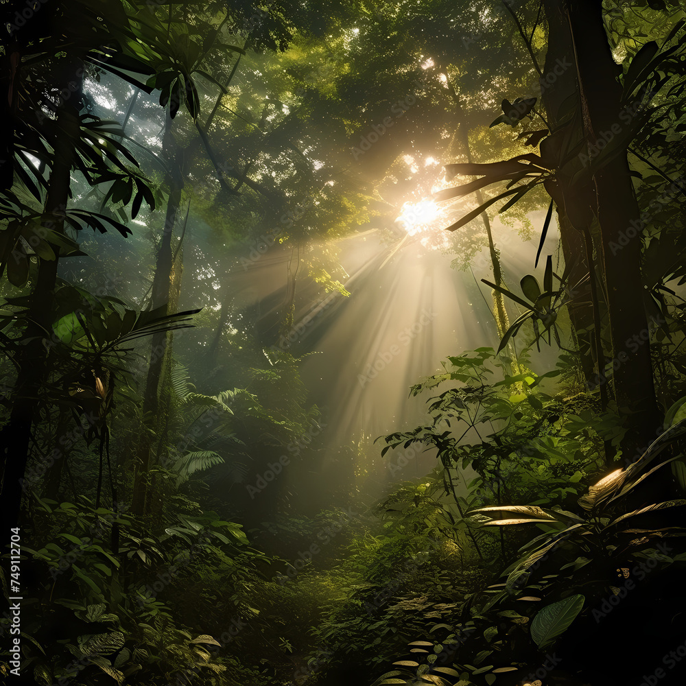 Rainforest canopy with sunlight filtering through.