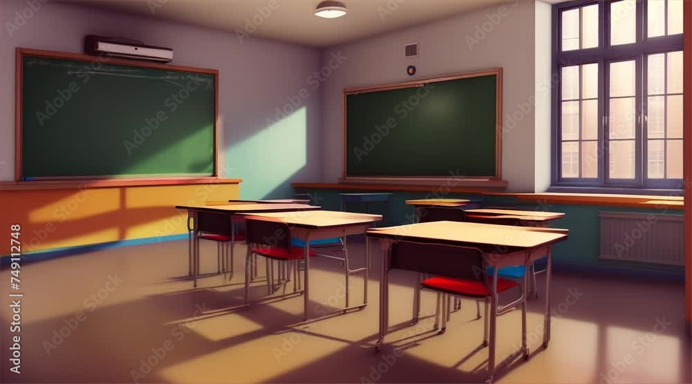 School Classroom with Modern Furniture and LCD TV on Wall, creating a comfortable and modern learning environment School Classroom with Modern Furniture and LCD TV on Wall, creating a comfortable and modern learning environment