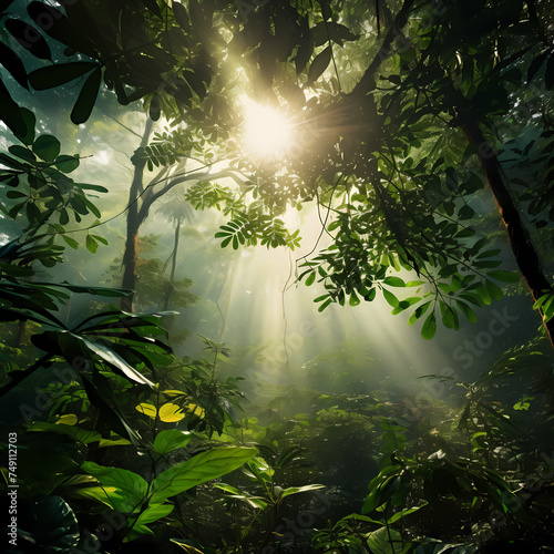 Rainforest canopy with sunlight filtering through.
