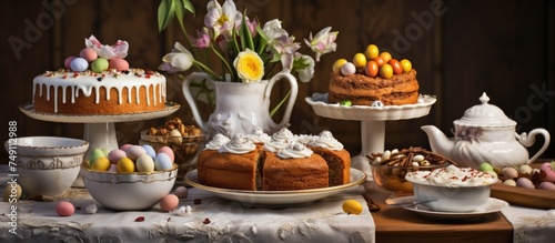 A table covered with an assortment of festive cakes topped with white glaze, nuts, raisins, and Easter eggs. The cakes are meticulously arranged alongside other delectable desserts for Easter
