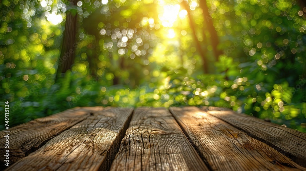 Wood table top on blurred green background Wood table top on blurred green background