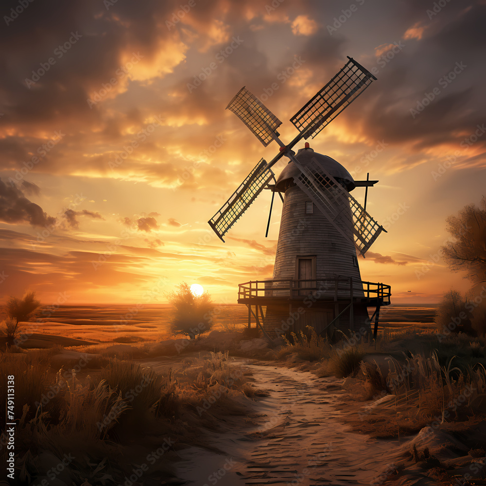 Rustic windmill against a golden sunset.
