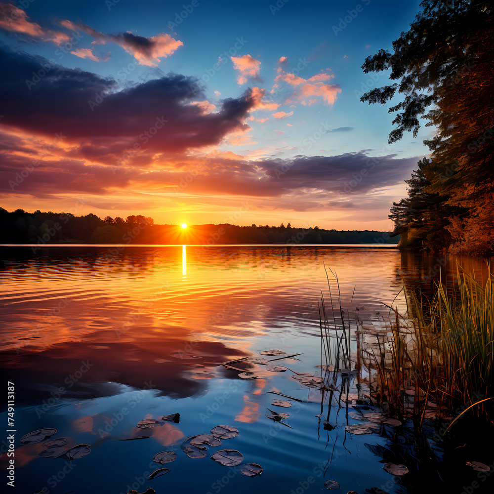 Serene sunset over a tranquil lake.