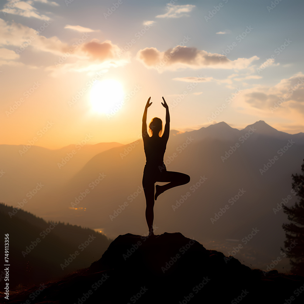 Silhouette of a person practicing yoga on a mountain