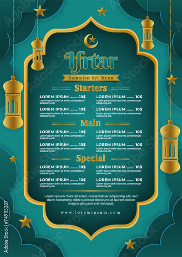 Iftar menu template with realistic paper cut style