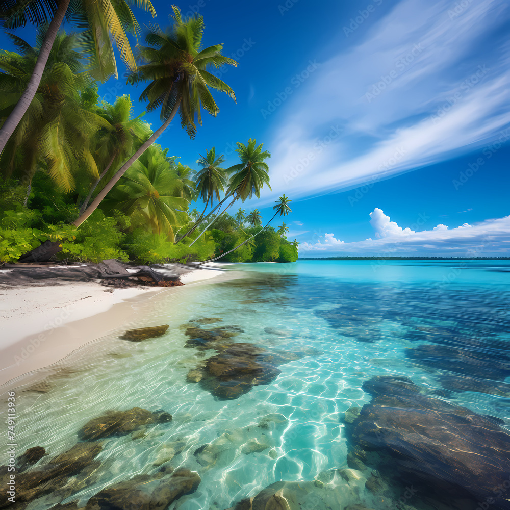 Tropical beach with palm trees and turquoise water.