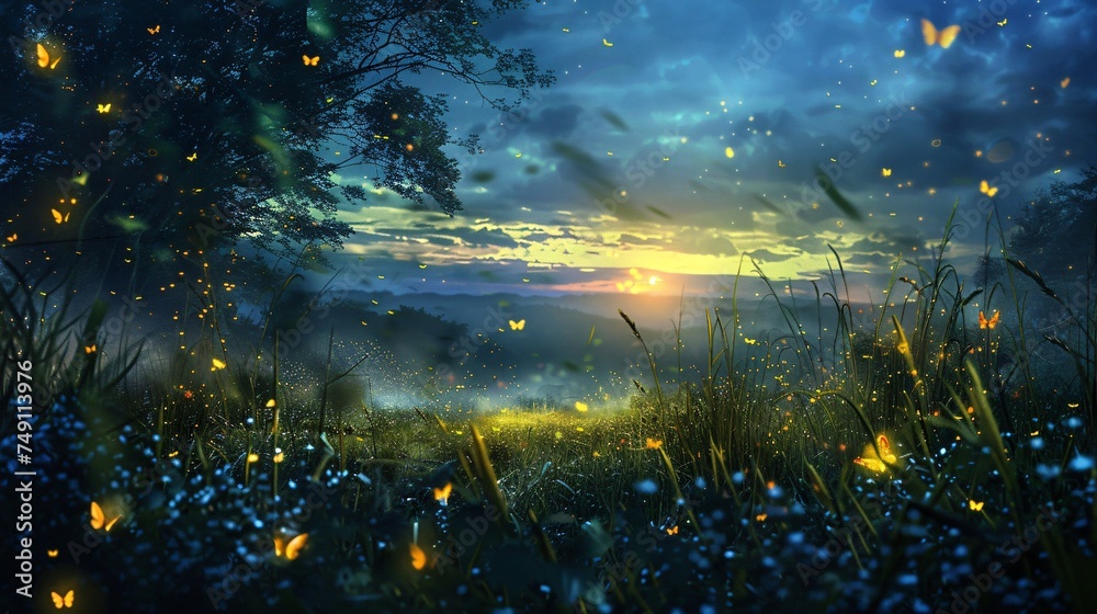 Fireflies and twilight a magical light show as day turns to night in the meadow Fireflies and twilight a magical light show as day turns to night in the meadow