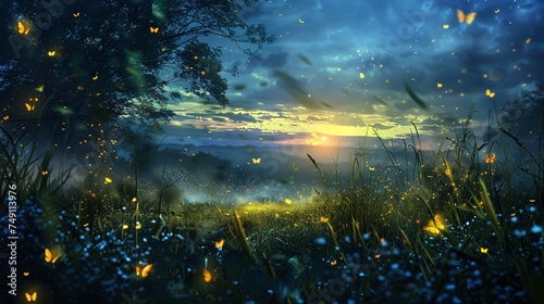 Fireflies and twilight a magical light show as day turns to night in the meadow © Sara_P