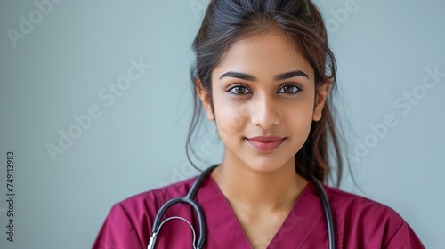Confident smart young female Sri Lankan doctor in maroon scrubs with a stethoscope on a light grey background