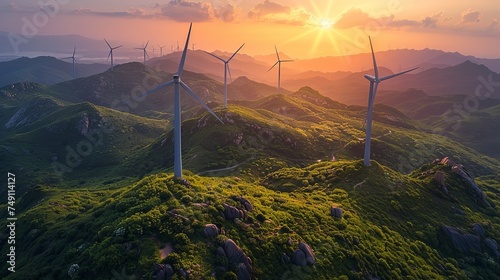 Aerial View of Wind Turbines on Verdant Hills by the Coastline