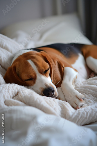 Peaceful beagle dog sleeping on tidy white bed with soft blanket