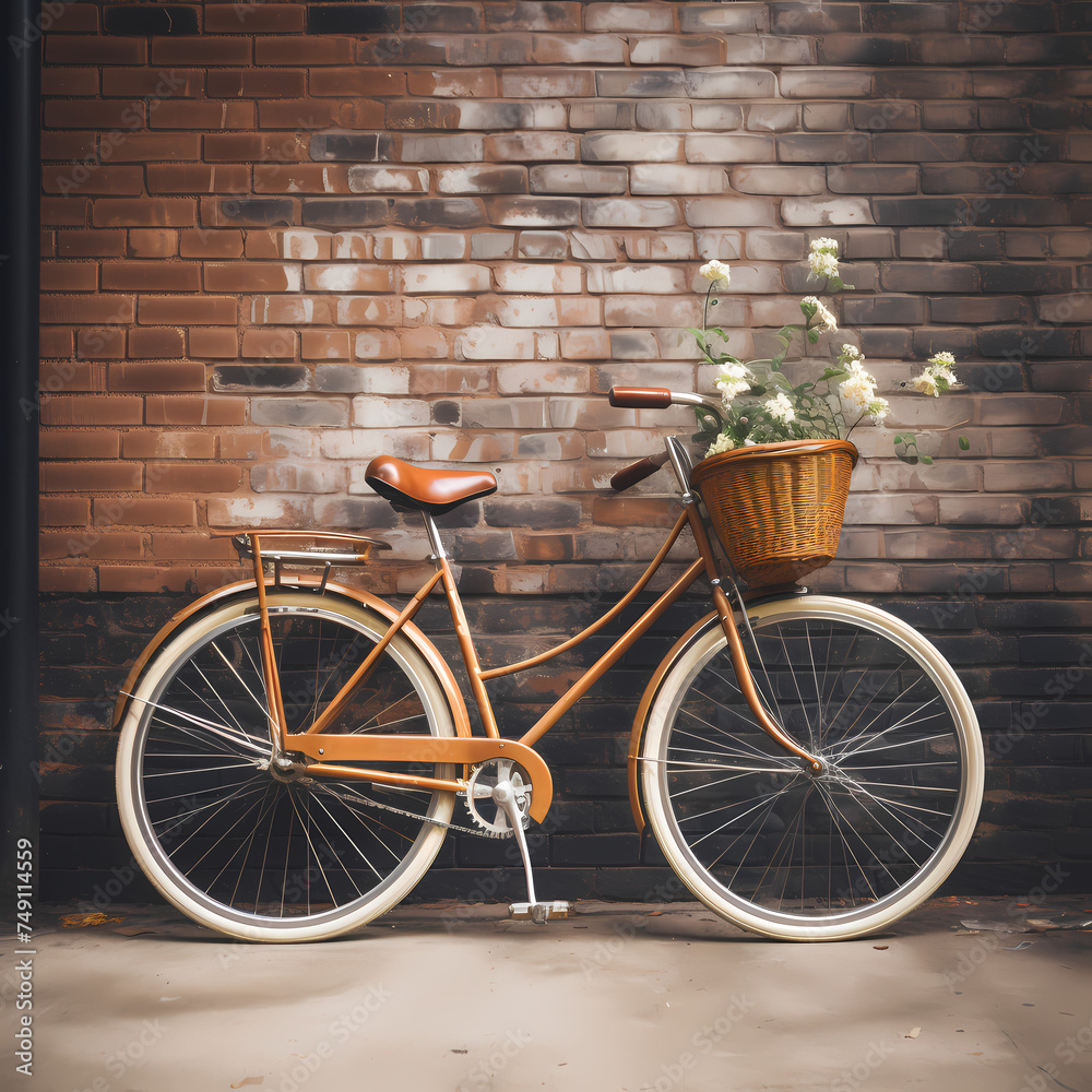 Vintage bicycle leaning against a brick wall.