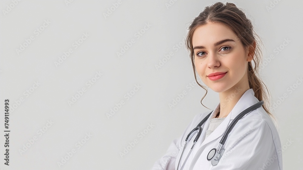 Smart confident young female caucasian doctor in white coat on a light background Smart confident young female caucasian doctor in white coat on a light background