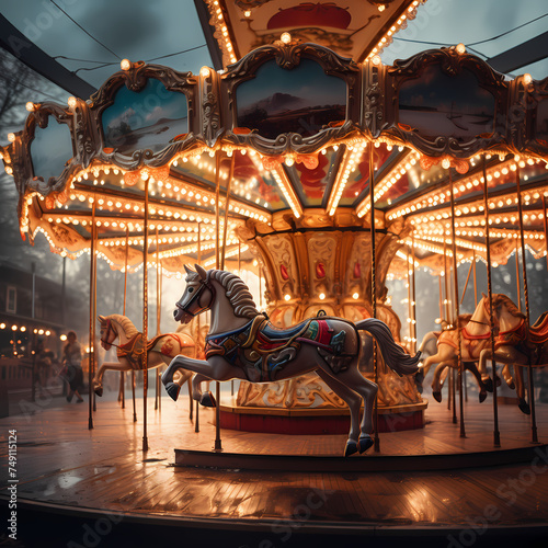 Vintage carousel in motion at a carnival.