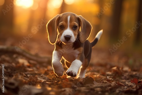 Beagle puppy running in the autumn forest. Beagle dog. © Obsidian