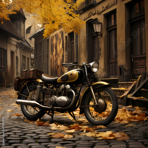 Vintage motorcycle parked on a cobblestone street. 