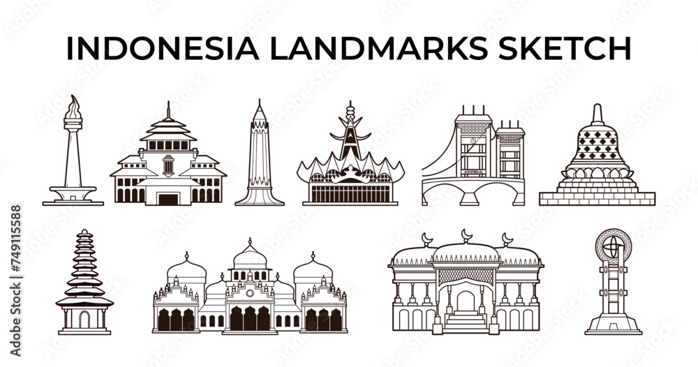 Various indonesian landmarks element outline sketch vector illustration set