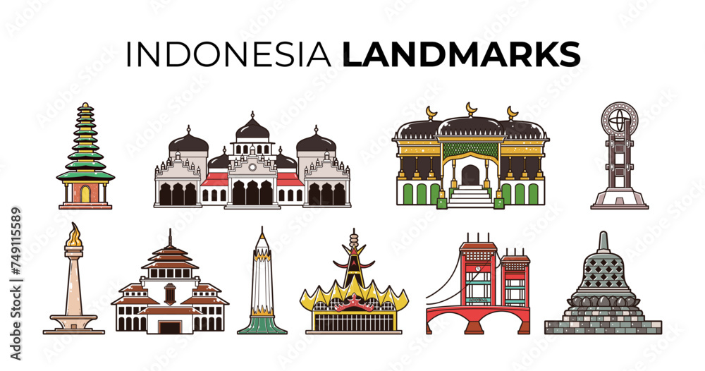 Various indonesian landmarks element vector illustration set
