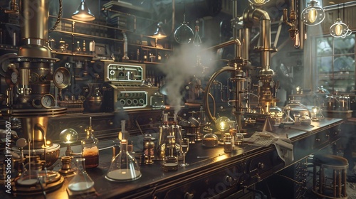 Steampunk laboratory filled with brass instruments and glowing vials ample copyspace amidst the chaos
