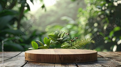 Wooden product display podium with blurred nature leaves background.