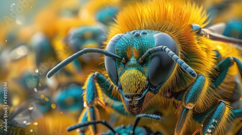 In an extreme close-up shot, a bee, adorned with pollen, industriously gathers nectar from vibrant yellow flowers in a sun-drenched field, showcasing the intricate beauty of pollination.