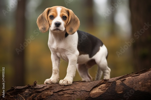 Portrait of cute beagle puppy standing on a branch in the forest