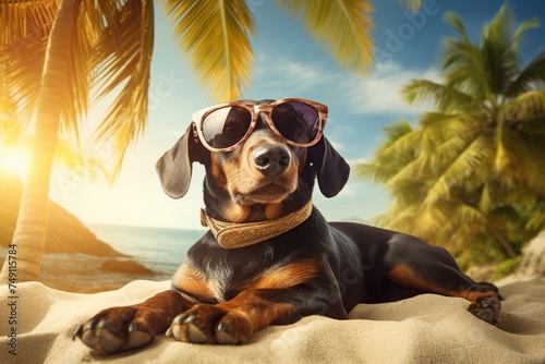 Dachshund dog in sunglasses on the beach with palm trees