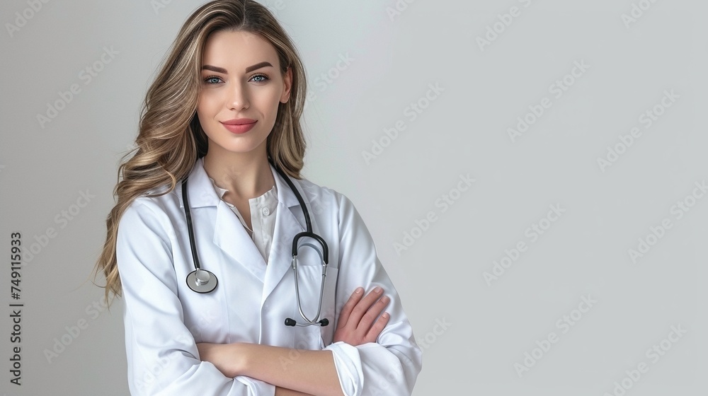 Smart young female caucasian doctor in white coat with stethoscope on light grey background. Smart young female caucasian doctor in white coat with stethoscope on light grey background.