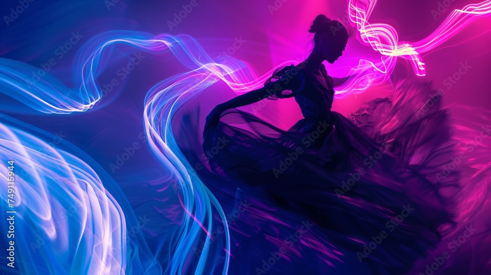 UV glow and neon lights tracing the fluid motions of a dancer creating a living canvas of vibrant hues