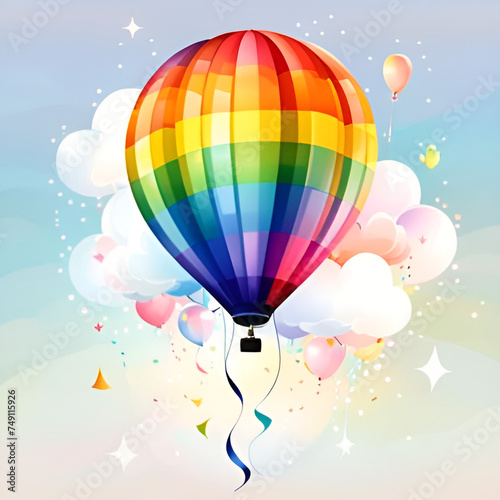 Bright watercolor balloons in the middle of clouds.