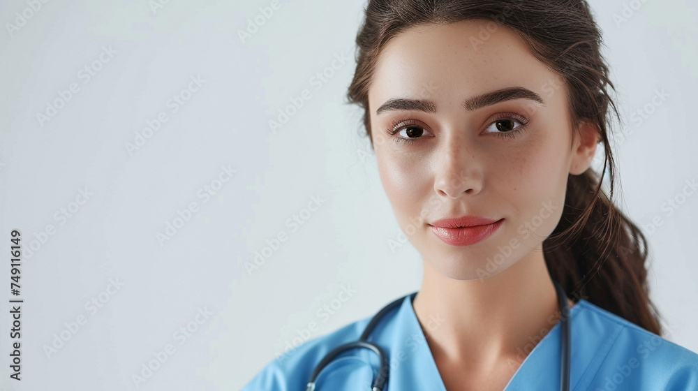 Smart young female doctor portrait blue scrubs on light background Smart young female doctor portrait blue scrubs on light background