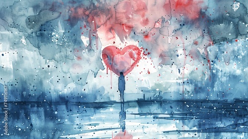 Watercolor painting of a solitary figure under a raincloud heart visibly fractured
