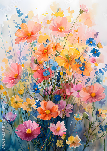 Vibrant flowers in a colorful bouquet painting on white background © Nadtochiy
