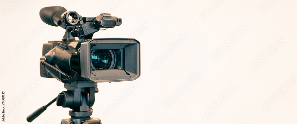 Video camera with blur background for journalist interview broadcasting reporter news or press conference speaker or public speaking or meeting report record and content creator live media concepts.