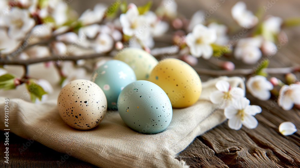 Easter still life with colorful eggs and sakura branches close-up Easter still life with colorful eggs and sakura branches close-up