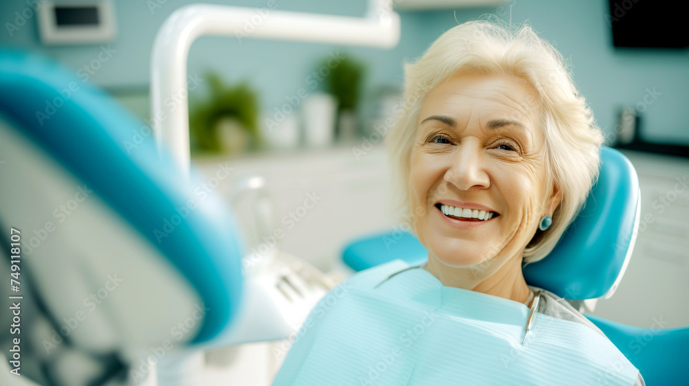 Smiling Mature Woman in Dental Chair at Dentist Appointment Smiling Mature Woman in Dental Chair at Dentist Appointment