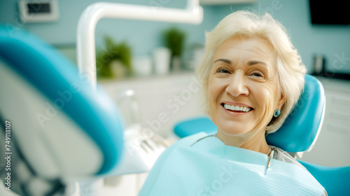 Smiling Mature Woman in Dental Chair at Dentist Appointment