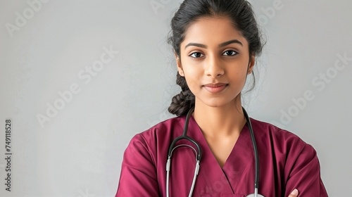 Smart young Indian female doctor in maroon scrubs stethoscope on light grey background
