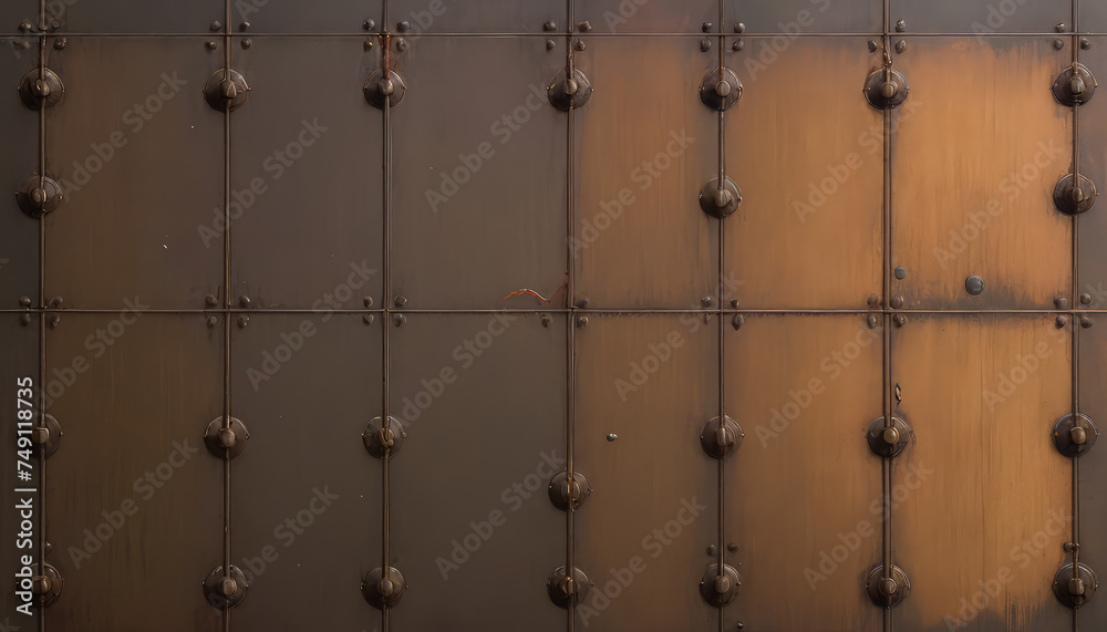 Naklejka premium metal wall with plate or metal wall with texture or old metal with rivets or old metal gate or old metal or metal grid pattern or metal grid background or iron plate connection or rusty plate