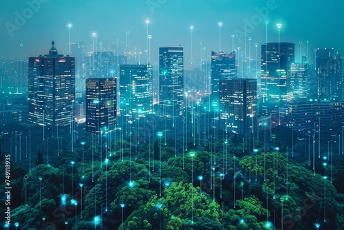 Smart city concept with eco-friendly tech solutions like IoT connected public services, energy-efficient buildings, and clean transport, digital overlay on urban landscape future city