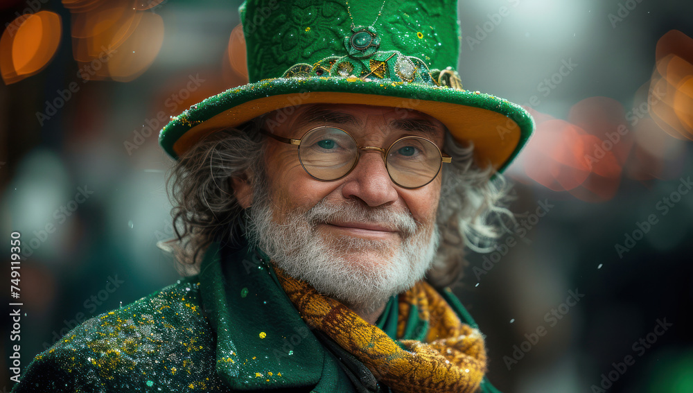 St. Patricks Day Concept. Portrait of an Old Man in a Green Hat, Coat and Glasses extreme closeup. Generative AI St. Patricks Day Concept. Portrait of an Old Man in a Green Hat, Coat and Glasses extreme closeup. Generative AI
