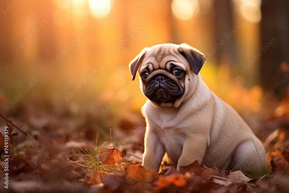 Cute pug puppy sitting in autumn leaves and looking at camera