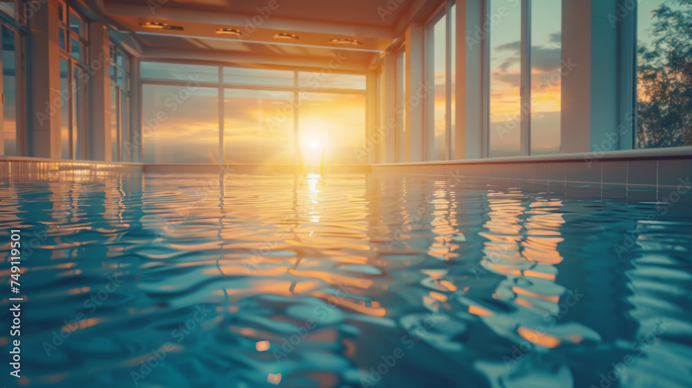 Fototapeta premium Modern architecture design luxury indoor swimming pool with large windows in soft sunset light