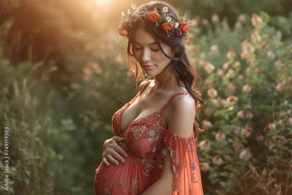 Pregnant Woman Wearing in Red Dress at Sunset extreme closeup. Generative AI Pregnant Woman Wearing in Red Dress at Sunset extreme closeup. Generative AI